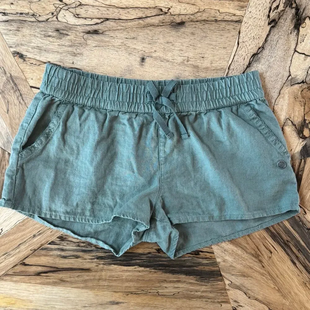 Roxy Girl Olive Green Linen Drawstring Shorts Size 12 Large Beach Coastal